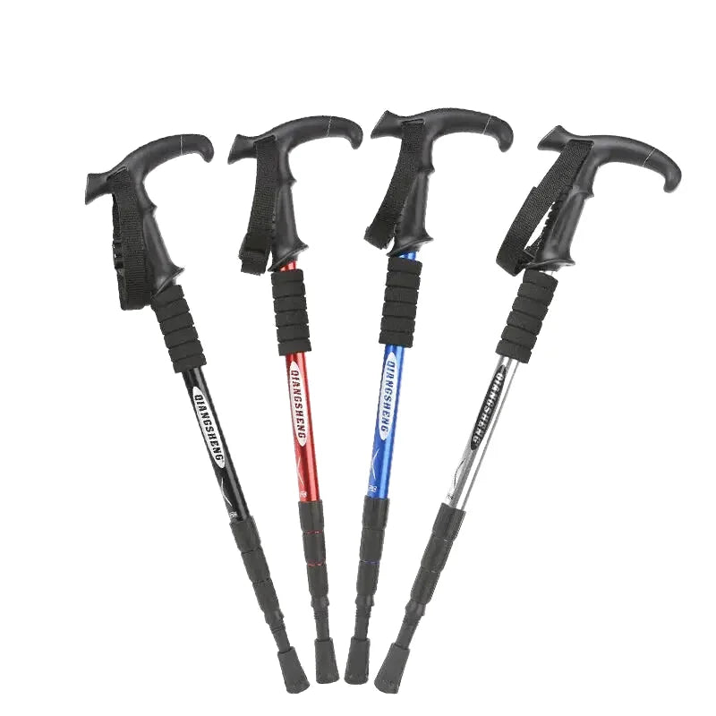 Four collapsible trekking poles with black ergonomic handles and textured grips, featuring shafts in red, blue, silver, and black with ’diansheng’ branding