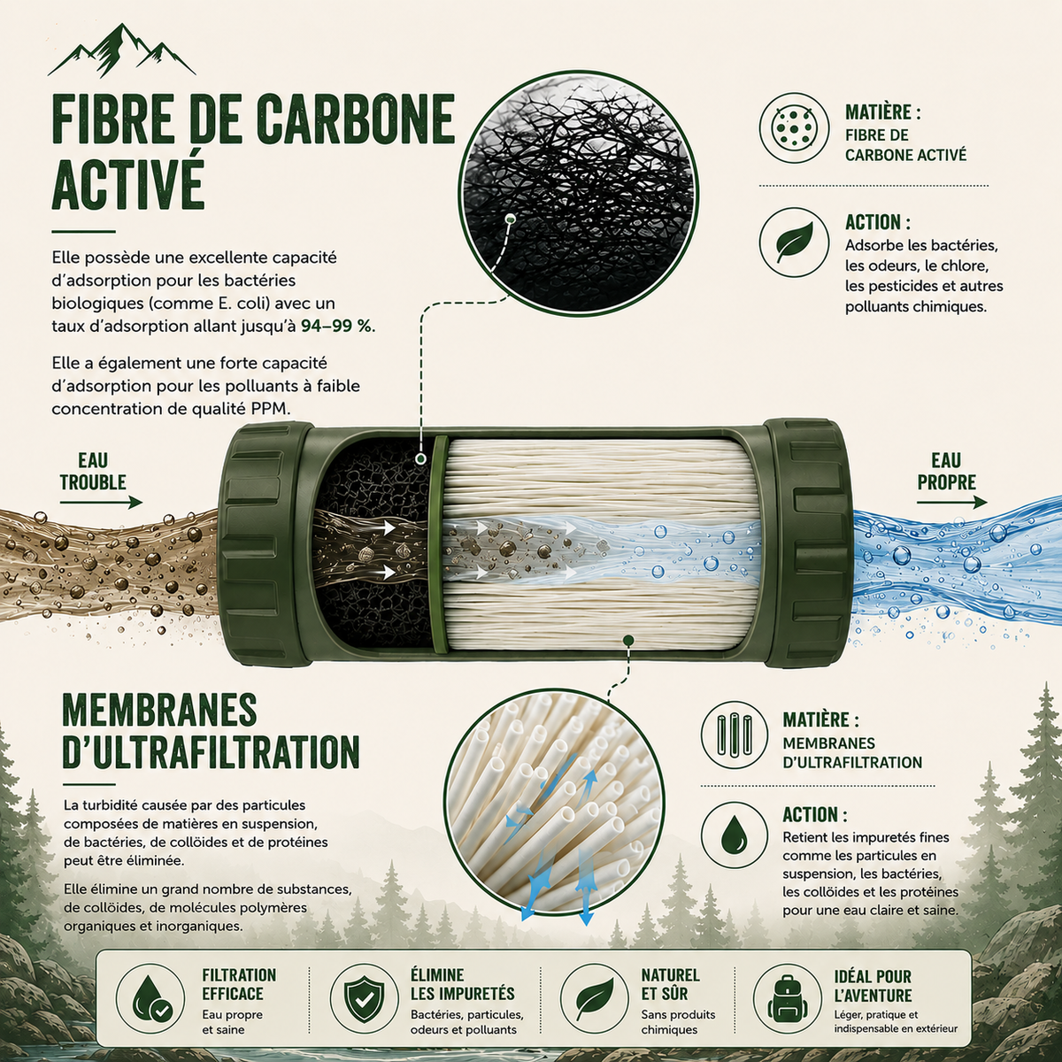 Gourde Filtrante Randonnée 750ML – Filtration Portable & Réutilisable Outdoor